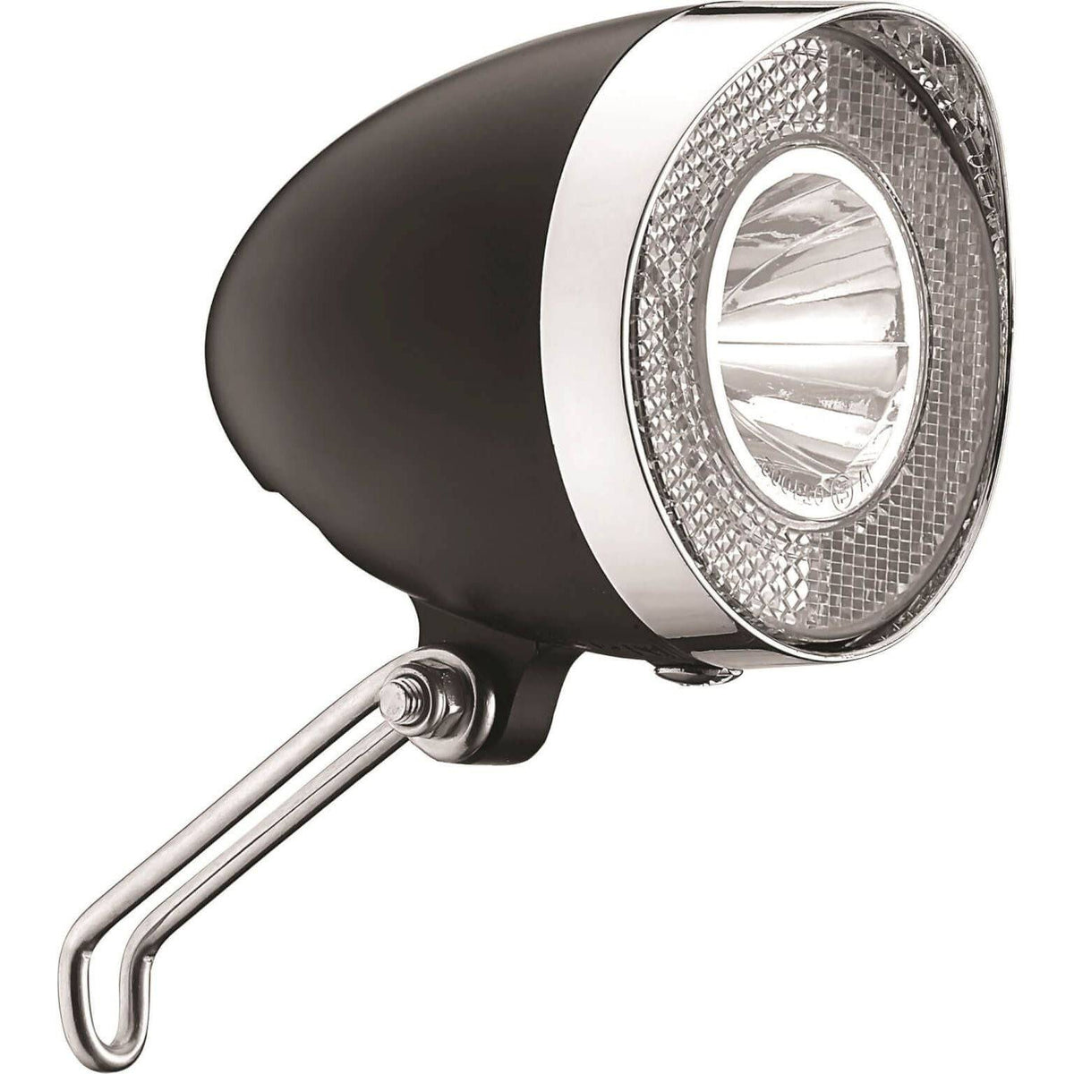 Zwarte Union koplamp Un-4920 Retro Dynamo 20 Lux, stijlvolle fietsverlichting met retro design en duurzaam OEM design.