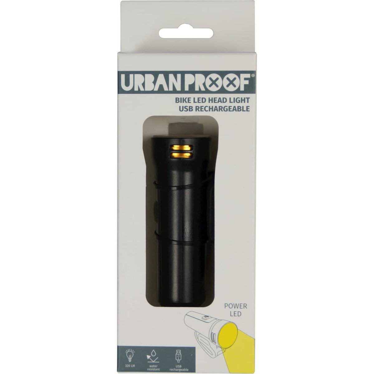 Urban Proof USB oplaadbare LED koplamp met 320 lumen, heldere verlichting voor veilig fietsen in het donker.