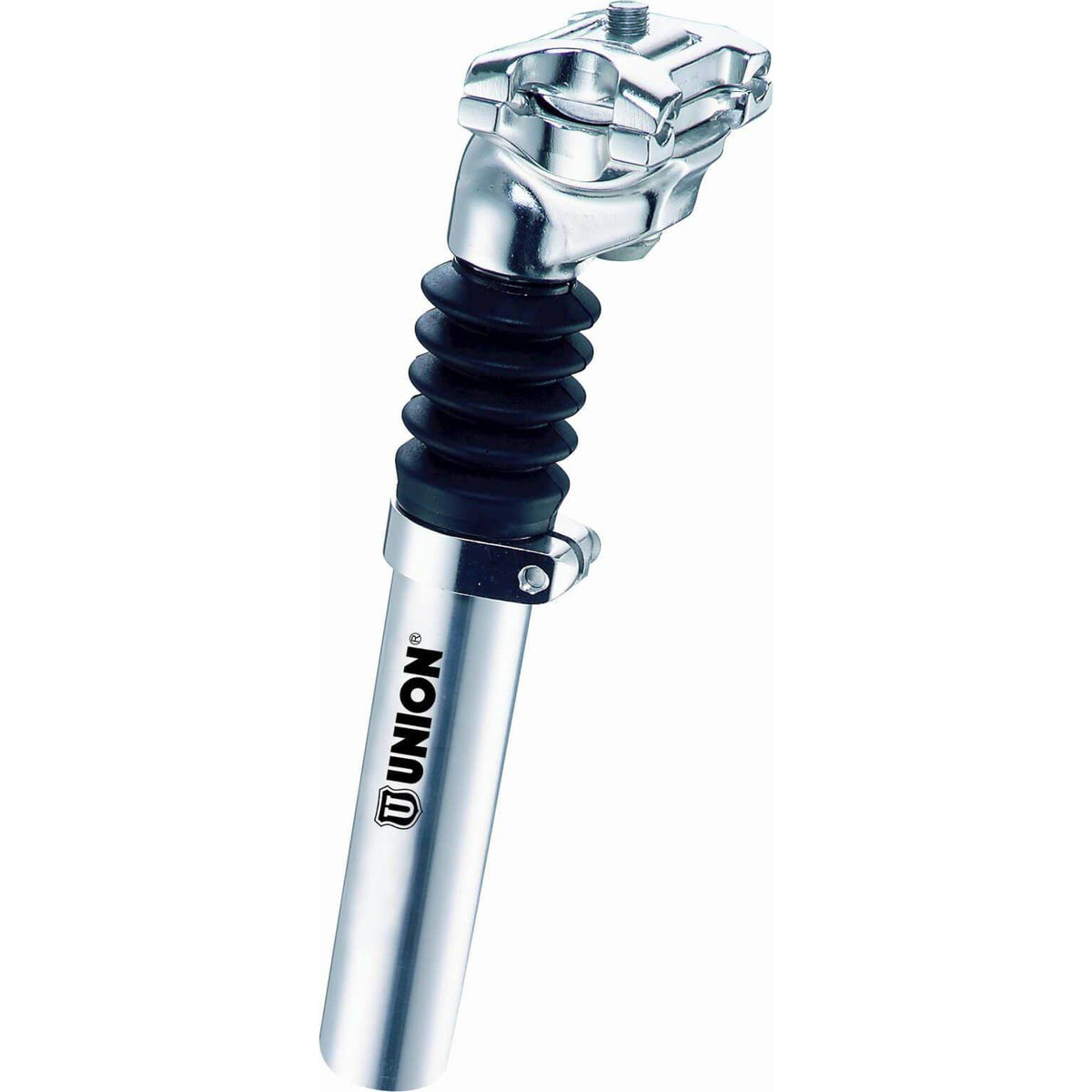Verende Union zadelpen 27.2x350mm in zilver, geschikt voor mountainbikes, zichtbaar met vering en bevestigingsonderdelen