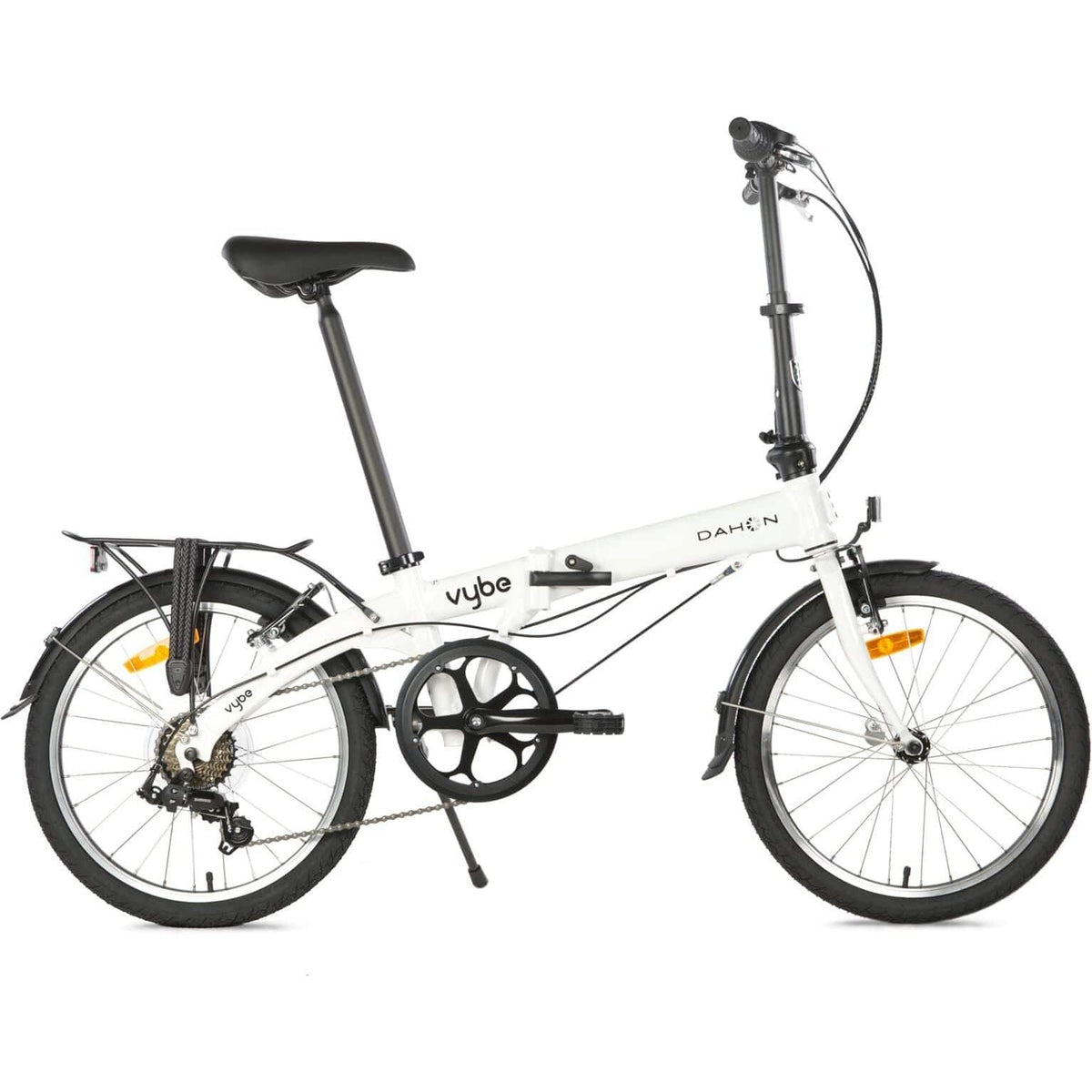 Dahon Vybe D7 vouwfiets metCompact frame en handvatten, geschikt voor stadsgebruik en gemakkelijk op te vouwen.