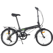 Dahon Vybe D7 vouwfiets met zwart frame en compacte wieltjes, klaar om op te vouwen en mee te nemen.