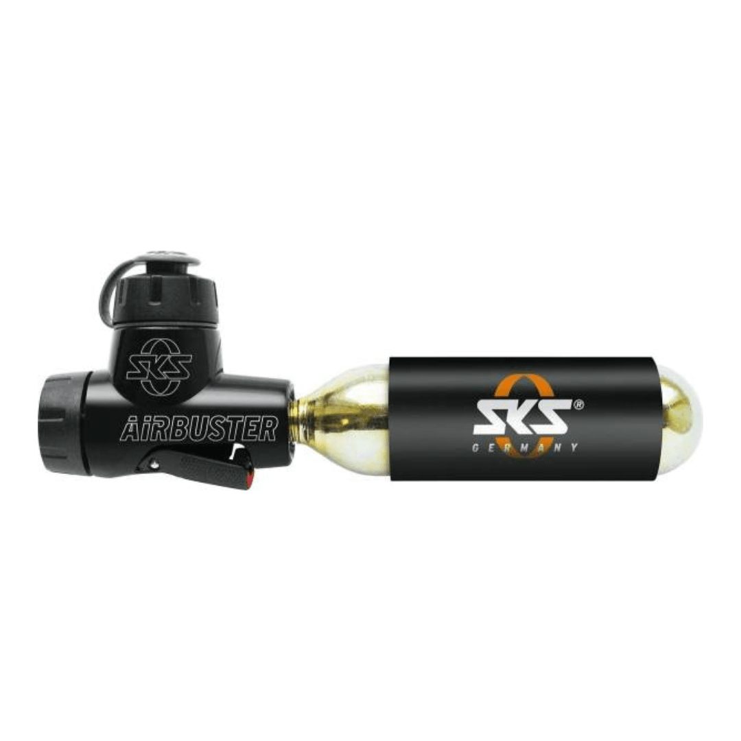 Zwarte SKS Airbuster 125 mm aluminium CO2-pomp met hendel en ventiel voor snel oppompen van banden.