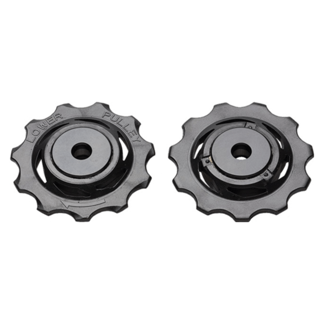 Sram X0 derailleurwieltjes voor fiets, close-up van de kleine metalen wieltjes in een verlichte setting