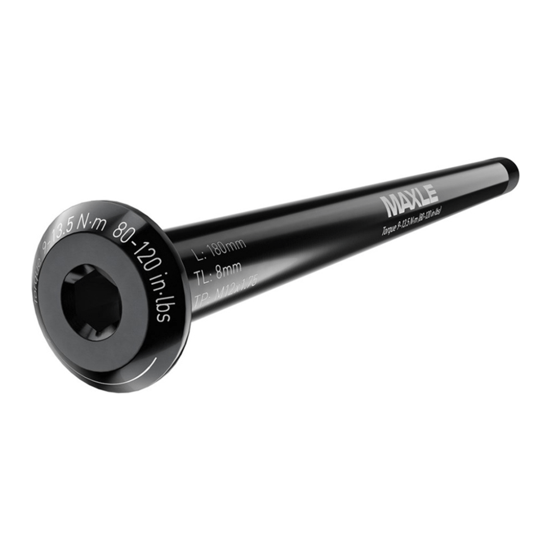 Zwart Sram naafblokke voor mountainbike met Maxle Stealth 12x148mm, zichtbaar met verlichte achtergrond en details van het product