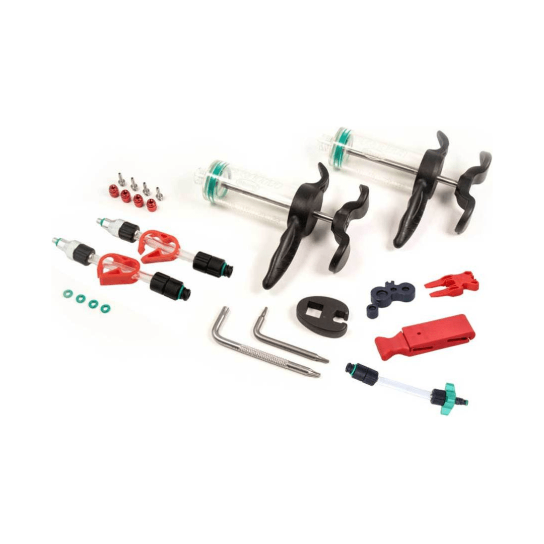 Sram Remd Pro Db8/Maven bleed kit voor remdiensten, inclusief onderdelen en gereedschap, op een witte achtergrond.