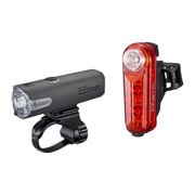 Cateye Synccore + Synckinetic LED USB verlichtingsset in zwart, inclusief voor- en achterlicht met bedieningsknoppen.