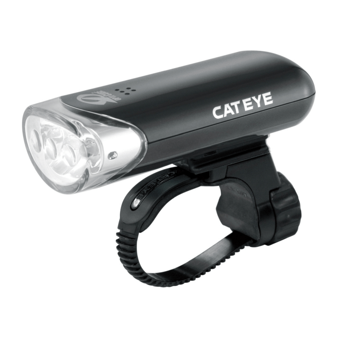 Zwarte Cateye HL-EL135N LED koplamp op batterijen met verstelbare bevestiging en krachtige verlichting voor fietsen.