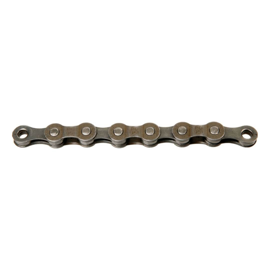 Zilveren Sram PC951 9-speed ketting met 114 schakels voor fiets, geschikt voor 9V versnellingen.