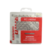 Zilveren Sram PC1 1V ketting voor single speed fietsen, 114 schakels, zichtbaar in de afbeelding