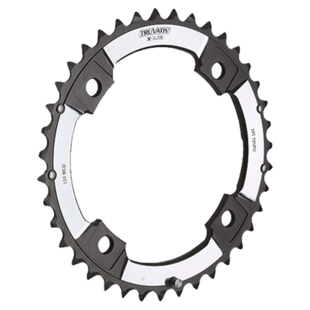 Zwart Sram kettingblad BB30 S-Pin 10-speed, 39T, 120mm pitch voor fiets, zichtbaar in verlichting.