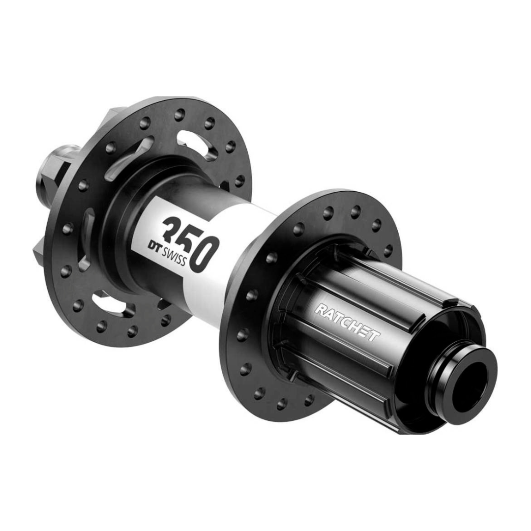 DT Swiss Naaf DT A 350 ATB 32G Db 150/12 Sh voor mountainbike, zicht op naaf met montage-onderdelen en bevestigingsgaten