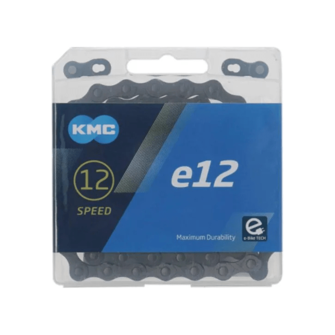 KMC E12 Blacktech 12-speed ketting in zwart voor fiets, met 1/2 inch en 11/128 inch specificaties, geschikt voor snelheden