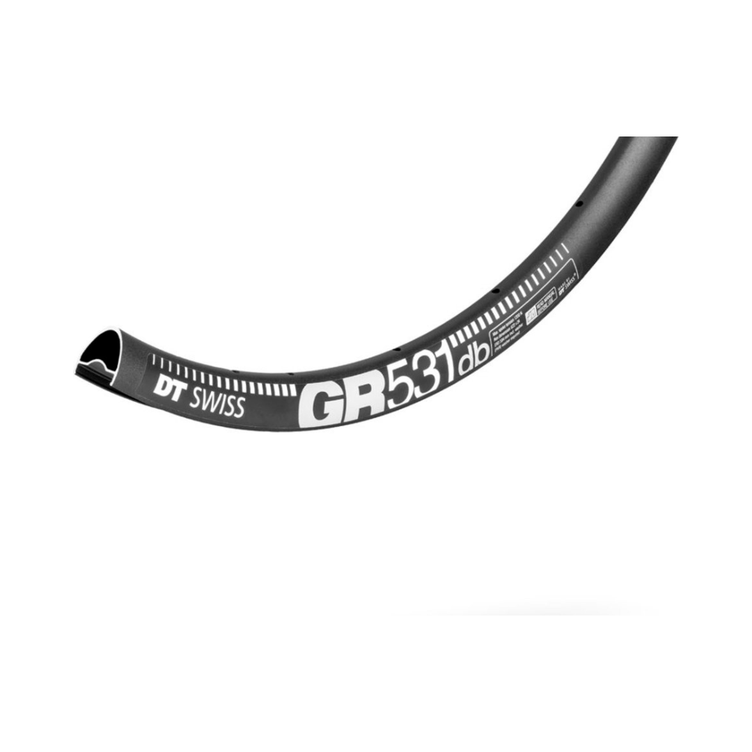 Zwarte DT Swiss 27.5 inch Gravel velg met 28/14 vlakke rand en 28 mm breedte, geschikt voor gravel- en mountainbikes.