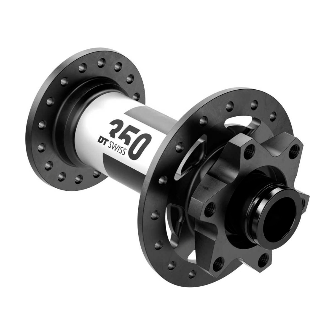DT Swiss Naaf DT V 350 ATB 28G DB 100/15, voornaaf voor mountainbikes, zichtbaar met montagelocaties en bevestigingspunten.