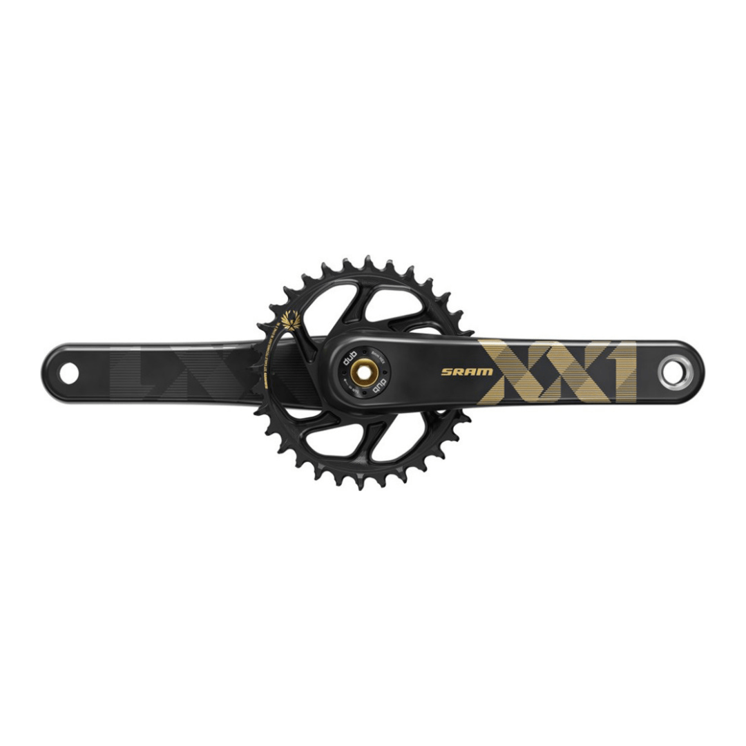 Sram XX1 Eagle Boost MTB crankstel, 12V DUB carbon 34T, 175mm lengte met kettingblad op een fiets.