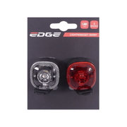 Edge Shiny IPX3 verlichtingsset voor voor- en achterverlichting, inclusief lampen en bevestigingsmateriaal.