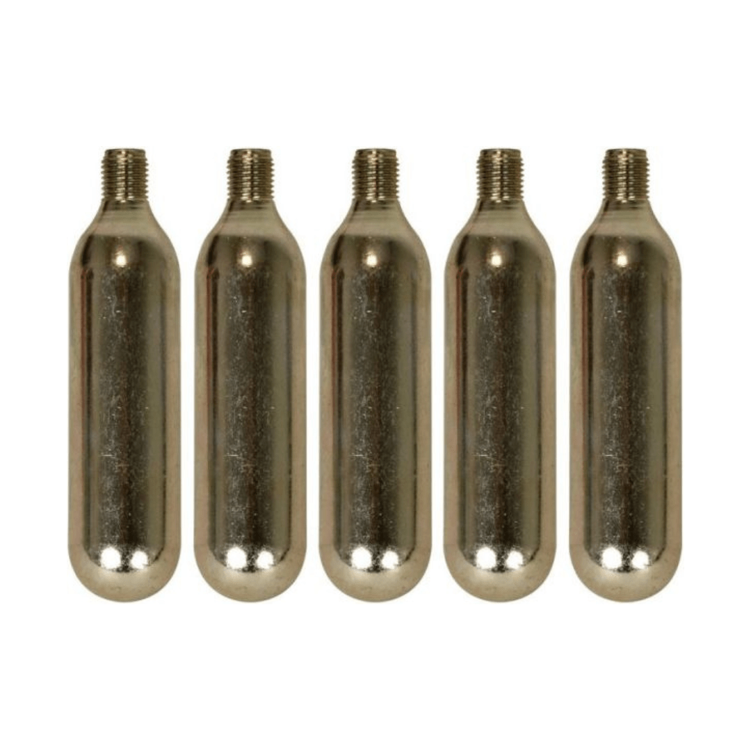Vijf Dresco CO2-patronen met draad, 16 gram per stuk, geschikt voor verlichting en andere toepassingen.