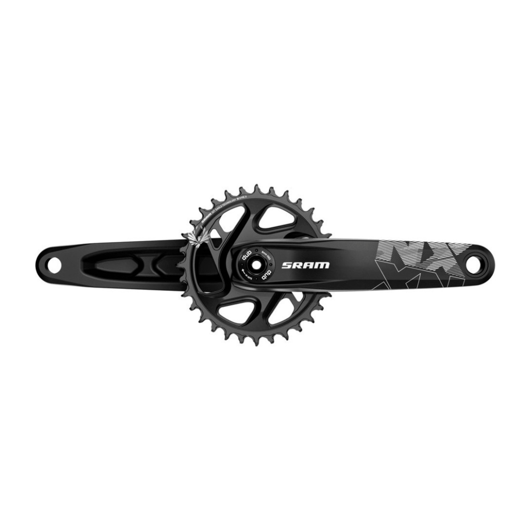 Zwart SRAM NX Eagle MTB crankstel met 12V, 175mm aluminium crankarm en 32T kettingblad, zichtbaar in de afbeelding.