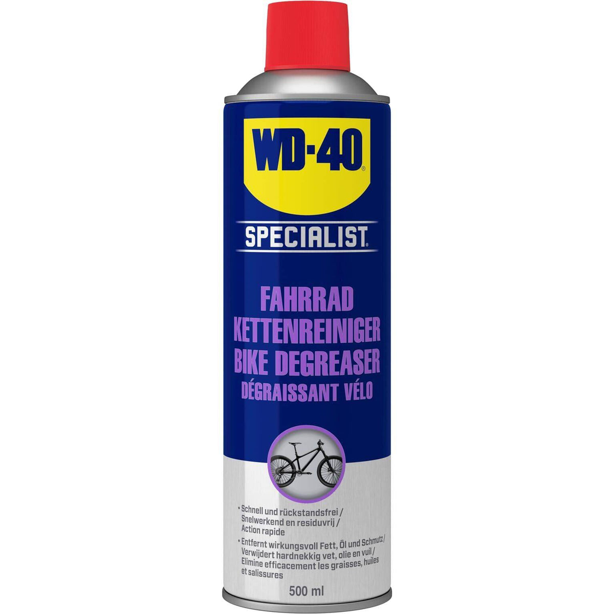 WD-40 Specialist fietsontvetter in 500 ml fles, sneldrogende vloeistof voor het reinigen en ontvetten van fietsen.