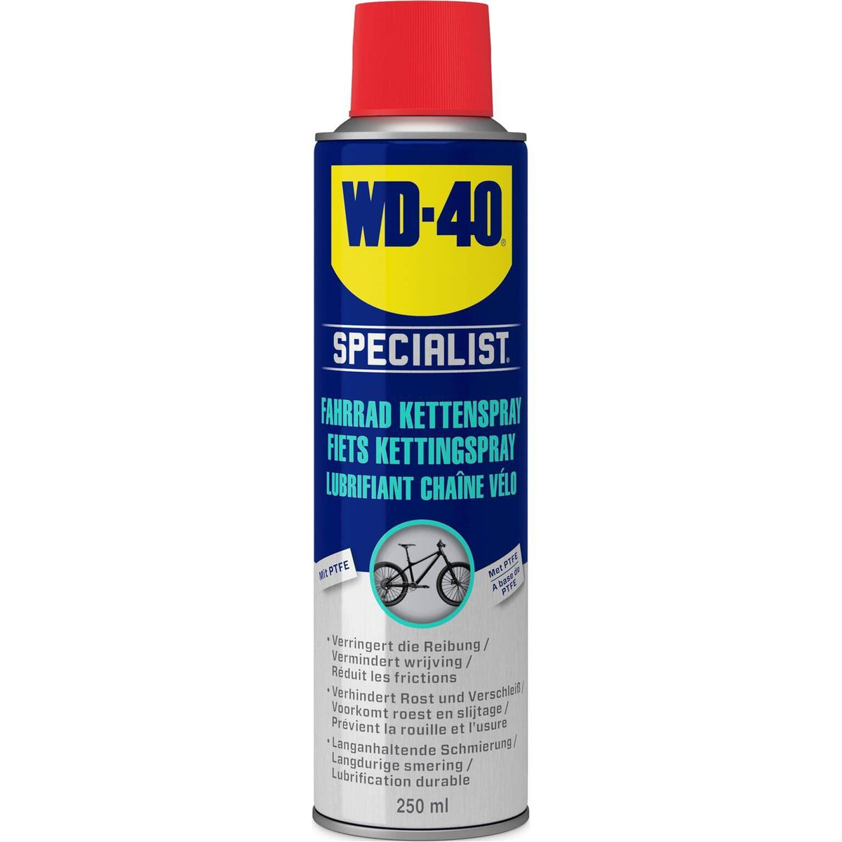 Wd-40 Specialist fietskettingspray 250 ml met PTFE-formule, smeermiddel en reinigingsvloeistof voor fietskettingen.