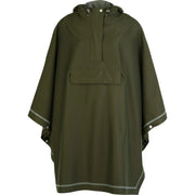 Weathergoods Sweden Poncho Imbris, waterdicht en 100% gerecycled, ligt uitgespreid op een houten tafel.