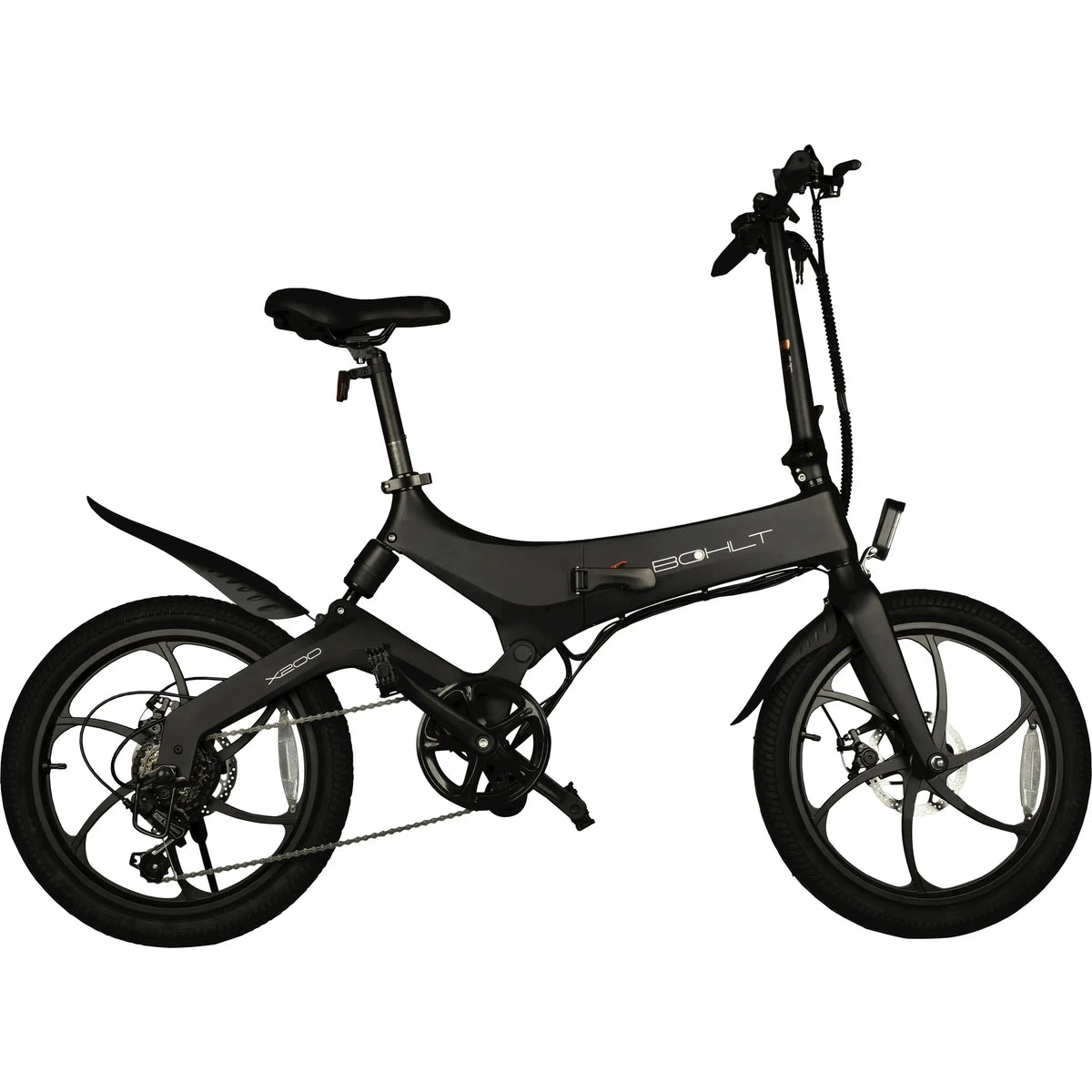 Zwarte Bohlt elektrische vouwfiets X200 met inklapbare frame en elektrische aandrijving, zichtbaar in de afbeelding.