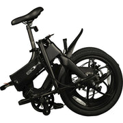 Zwarte Bohlt X200 elektrische vouwfiets, ingeklapt en klaar voor gebruik, met compact frame en handvatten.