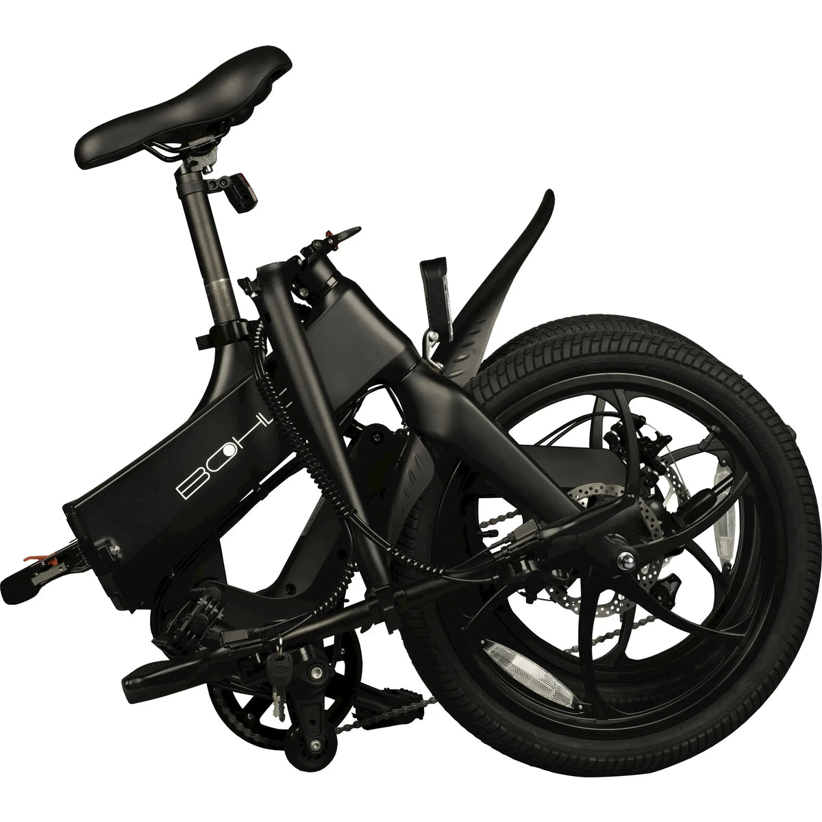 Zwarte Bohlt X200 elektrische vouwfiets, ingeklapt en klaar voor gebruik, met compact frame en handvatten.