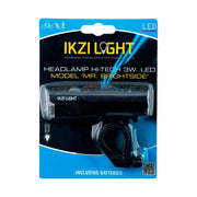 Ikzi Light Koplamp Mr Brightside 3W LED met batterij, geschikt voor stuurbocht, zichtbaar met witte lens en bevestigingsbeugel.