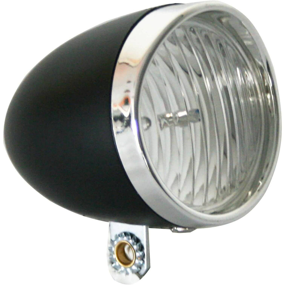 Zwarte Ikzi Light koplamp met retro design en batterij, zichtbaar met verstelbare mount en lichtbron voor fietsgebruik
