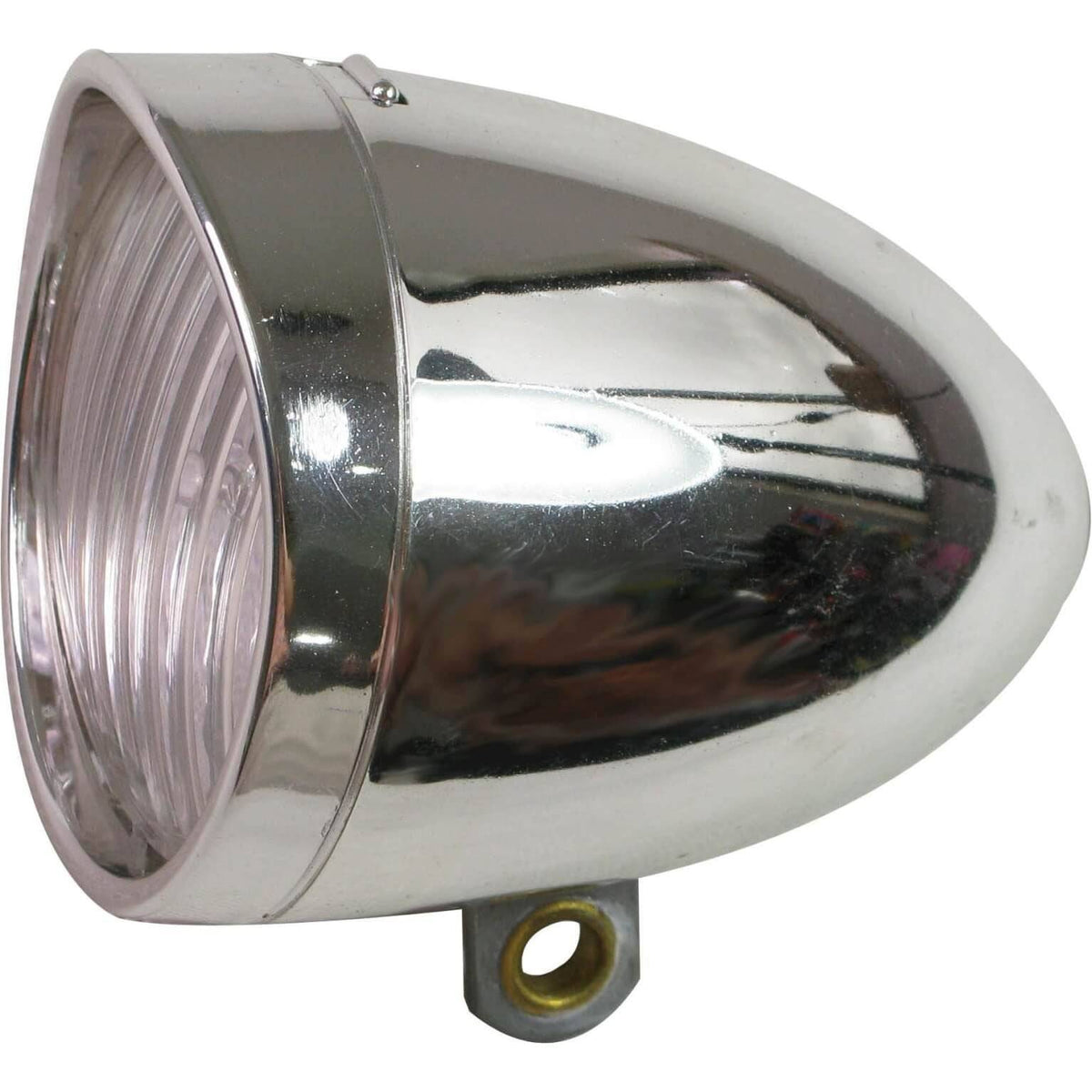 Chroom Ikzi Light koplamp met retro design en batterij, zichtbaar in de afbeelding.