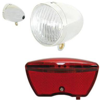 Ikzi Light verlichtingsset retro met batterij, chroom afwerking en vintage stijl, zichtbaar in de afbeelding.