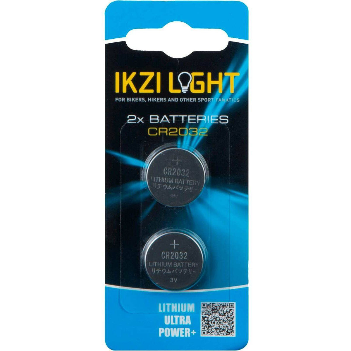 Twee Ikzi CR2032 knoopcelbatterijen van 3V, lithium, geschikt voor kleine elektronische apparaten.