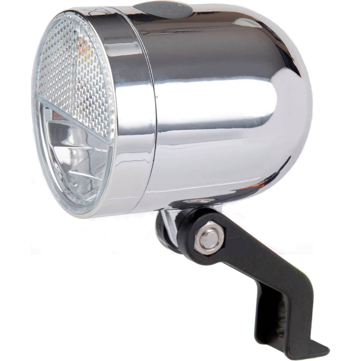 Ikzi Light koplamp in zwart met chroom afwerking, 10 lux batterij aangedreven, zichtbaar op de afbeelding.