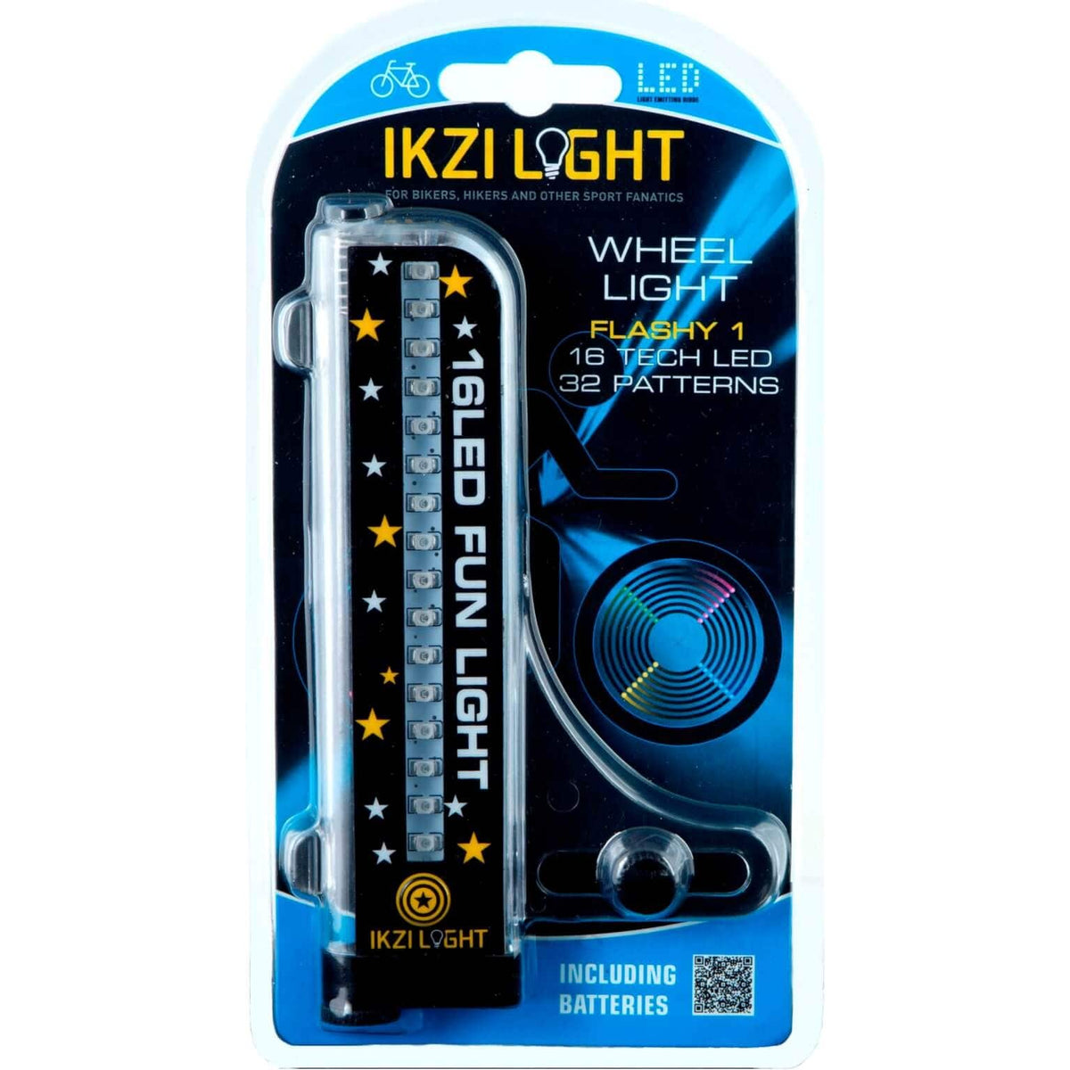 Ikzi Light Spaaklicht Flashy met 16 LED's, batterijvoeding en 32 patronen, geschikt als fietsverlichting op de fiets.