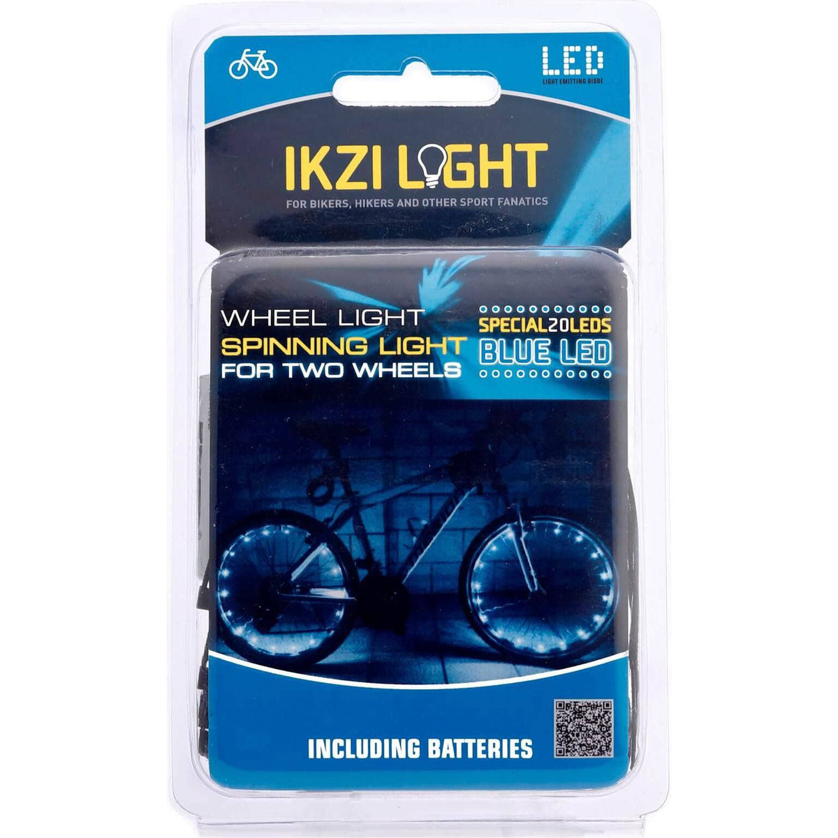 Blauw Ikzi Light Wiellicht met 20 LED's, spinnende fietslamp, batterijvoeding, voor veilige fietsverlichting.