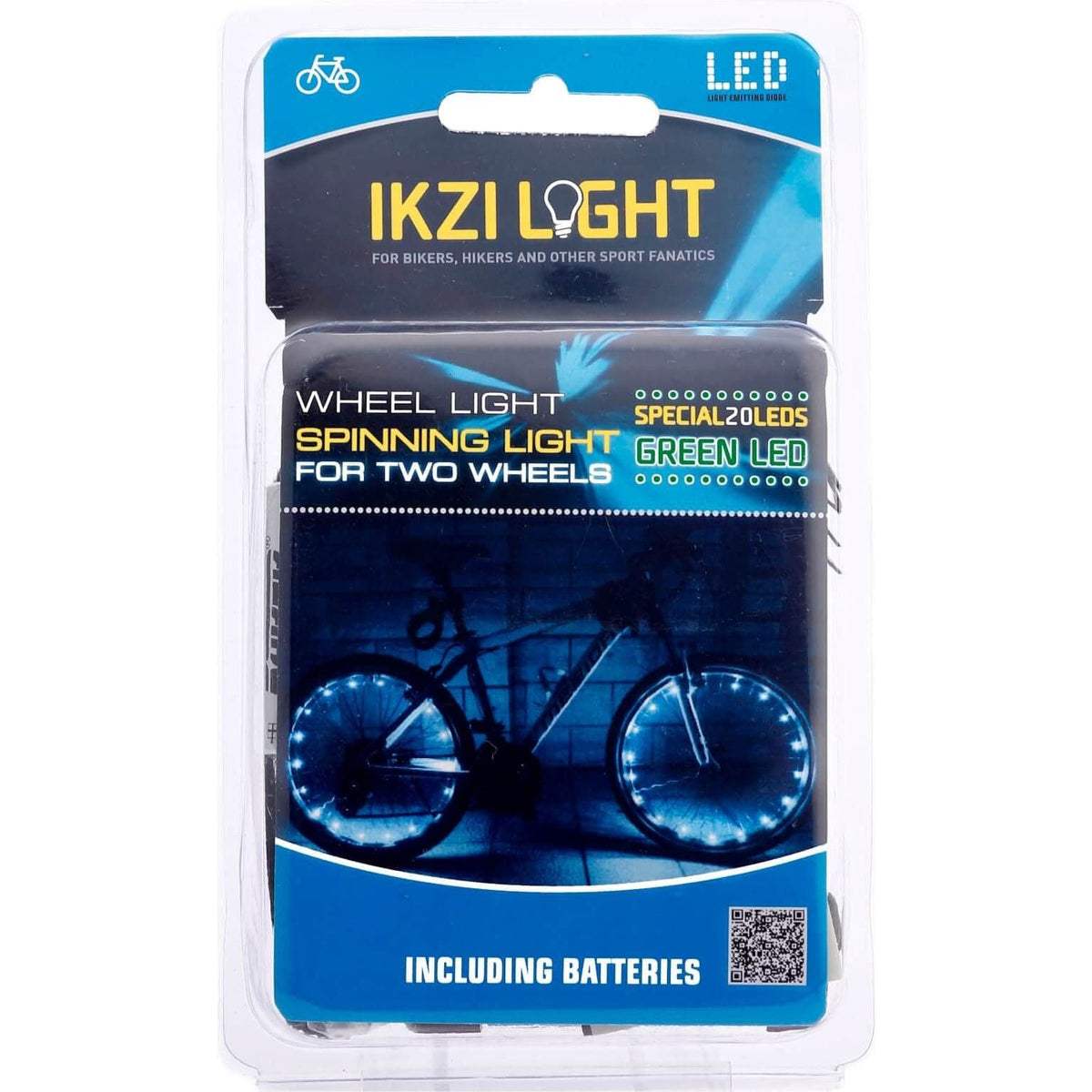 Groene Ikzi Light Wiellicht met 20 LED's en batterij, fietsverlichting die ronddraait voor extra zichtbaarheid.