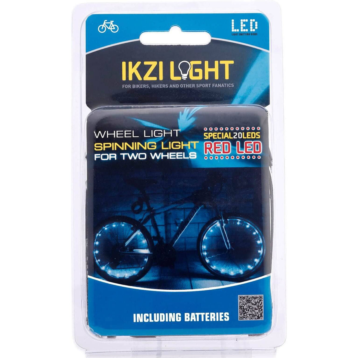 Rode Ikzi Light wiellicht met 20 LED's voor fietsverlichting, draaiend licht met batterij, zichtbaar op de fiets.