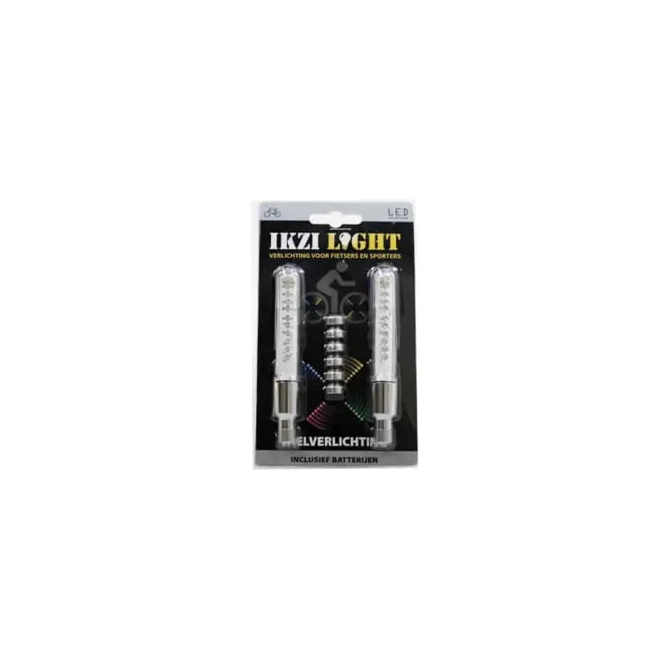 Twee Ikzi Light ventiellichten met 11 LED's voor fiets, batterijvoeding, zichtbaar op een fietsventiel, zwart en compact design.