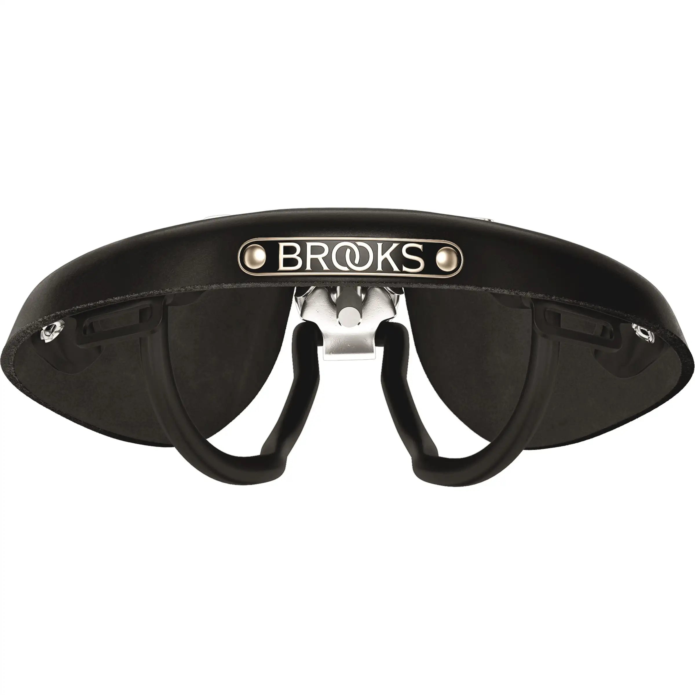 Brooks Fietszadel B17S voor dames, comfortabel stadsfiets en e-bike zadel, zwart leer met metalen bevestigingspunten.