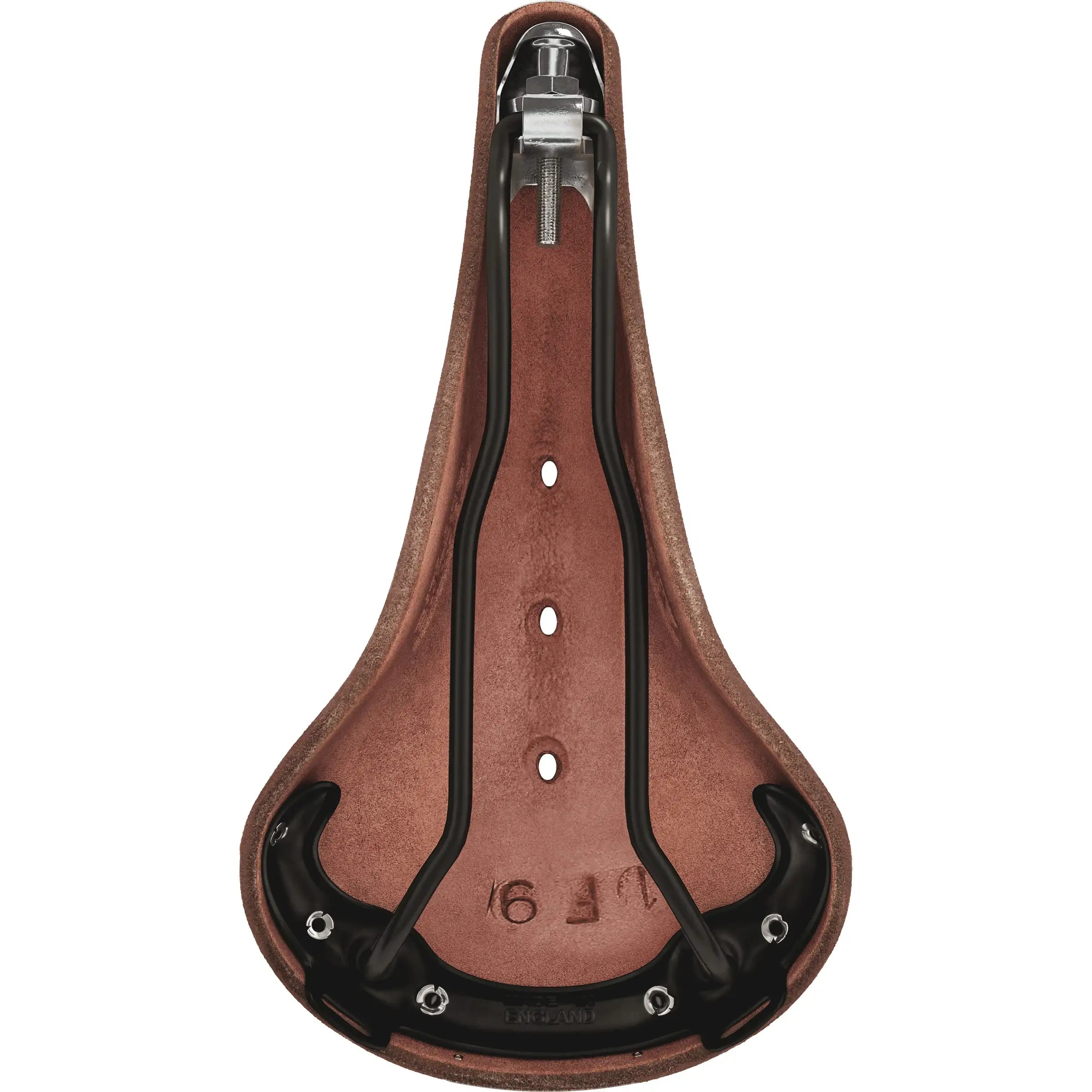 Brooks Fietszadel B17 Narrow voor stadsfietsen en E-bikes, comfortabel zadel met leren bekleding, zichtbaar van de zijkant.