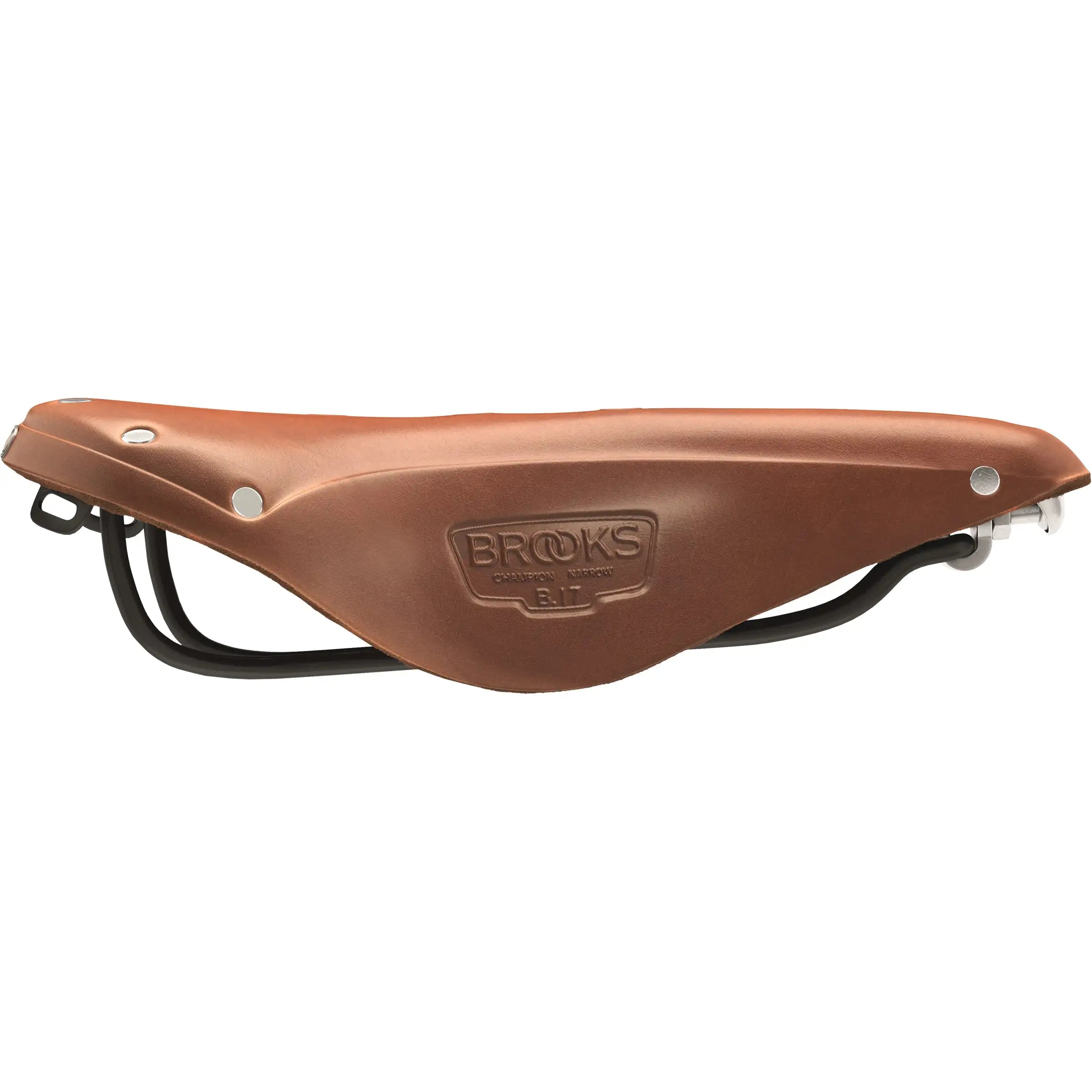 Brooks Fietszadel B17 Narrow voor stadsfietsen en e-bikes, close-up van bruin leren zadel met metalen bevestiging