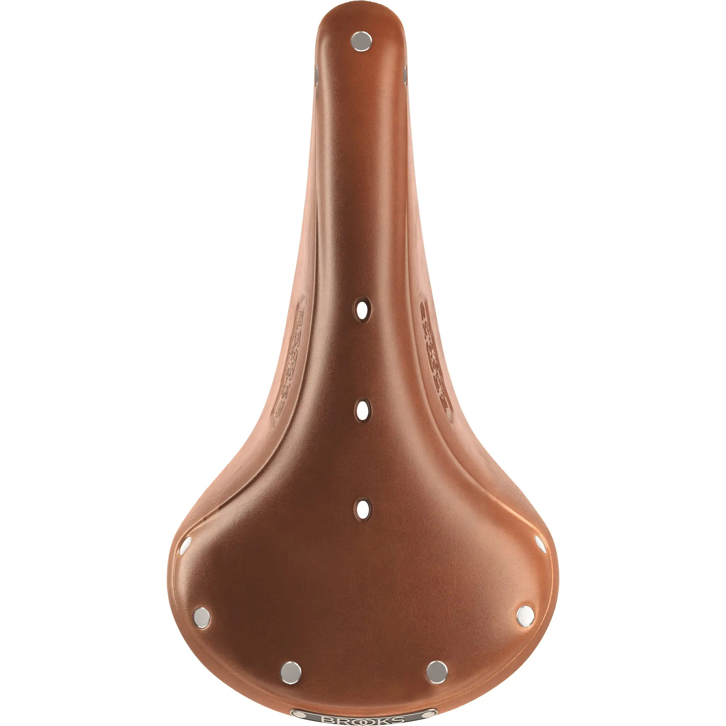 Brooks Fietszadel B17 Narrow voor stadsfiets en E-bike, close-up van het leren zadel met smalle vorm en metalen bevestiging.
