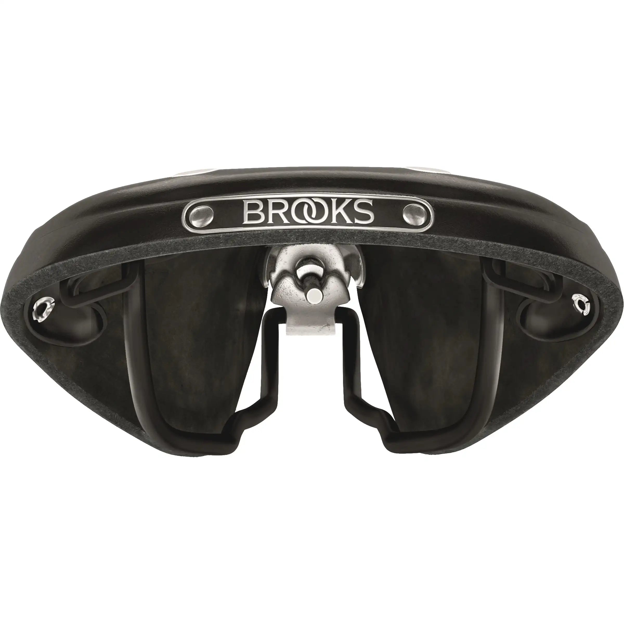 Brooks Fietszadel B17 Narrow voor stadsfietsen en e-bikes, comfortabel en slank zadel met leren bekleding, zichtbaar van voren.
