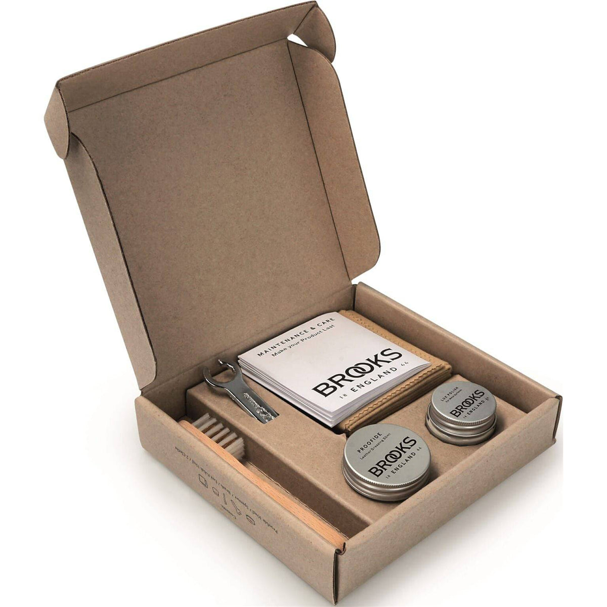 Brooks Premium leren zadeldekverzorgingsset met olie en onderhoudsmiddelen voor luxe zadels en lederwaren.