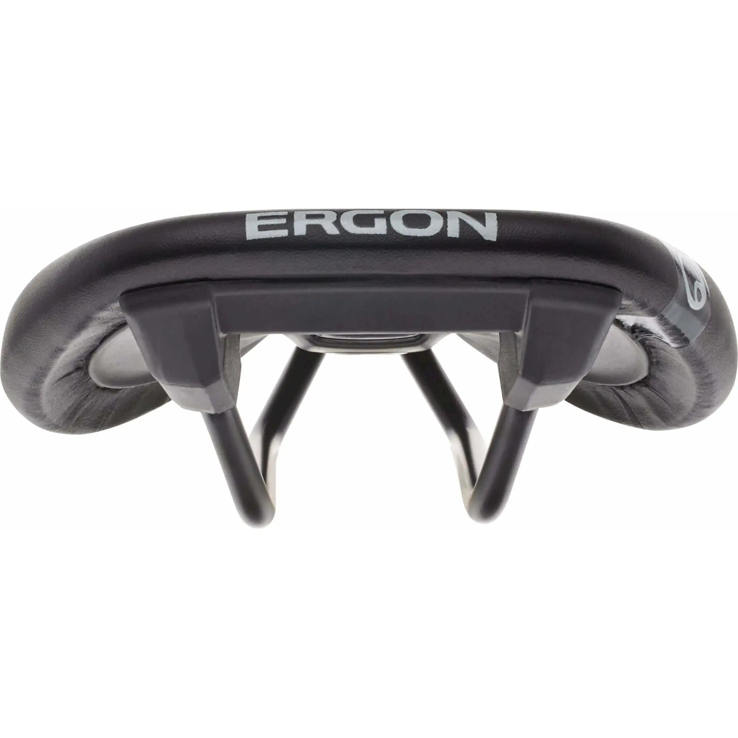 Zwart Ergon Sm Sport herenfiets zadeltje voor racefietsen en MTB's, met ergonomisch ontwerp en gedetailleerde structuur.