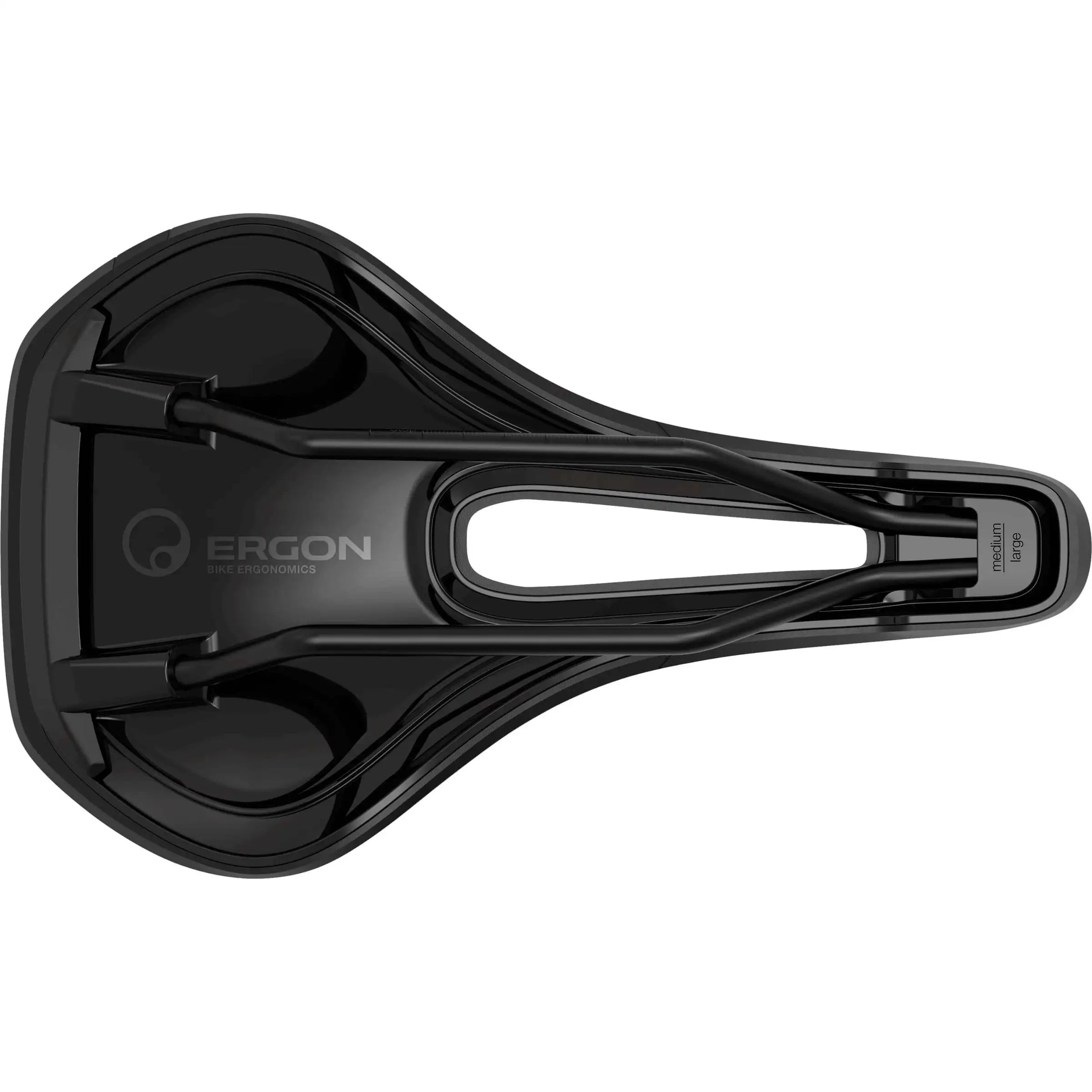 Ergon dames racefiets- en MTB-zadel in zwart, ergonomisch ontworpen voor comfort en ondersteuning tijdens het fietsen.