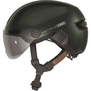 Abus Hud-Y Ace speed pedelec helm in zilver met geïntegreerd vizier en USB-achterlicht, geschikt voor fietsers