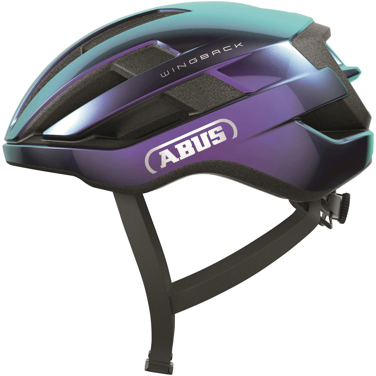 Abus Wingback racefietshelm met aerodynamisch ontwerp en ventilatieopeningen, size S-M, geschikt voor wielrenners.