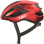 Abus Wingback racefietshelm met ventilerende schaal en verstelbare riem, geschikt voor fietsers, in zwart en wit kleuren.